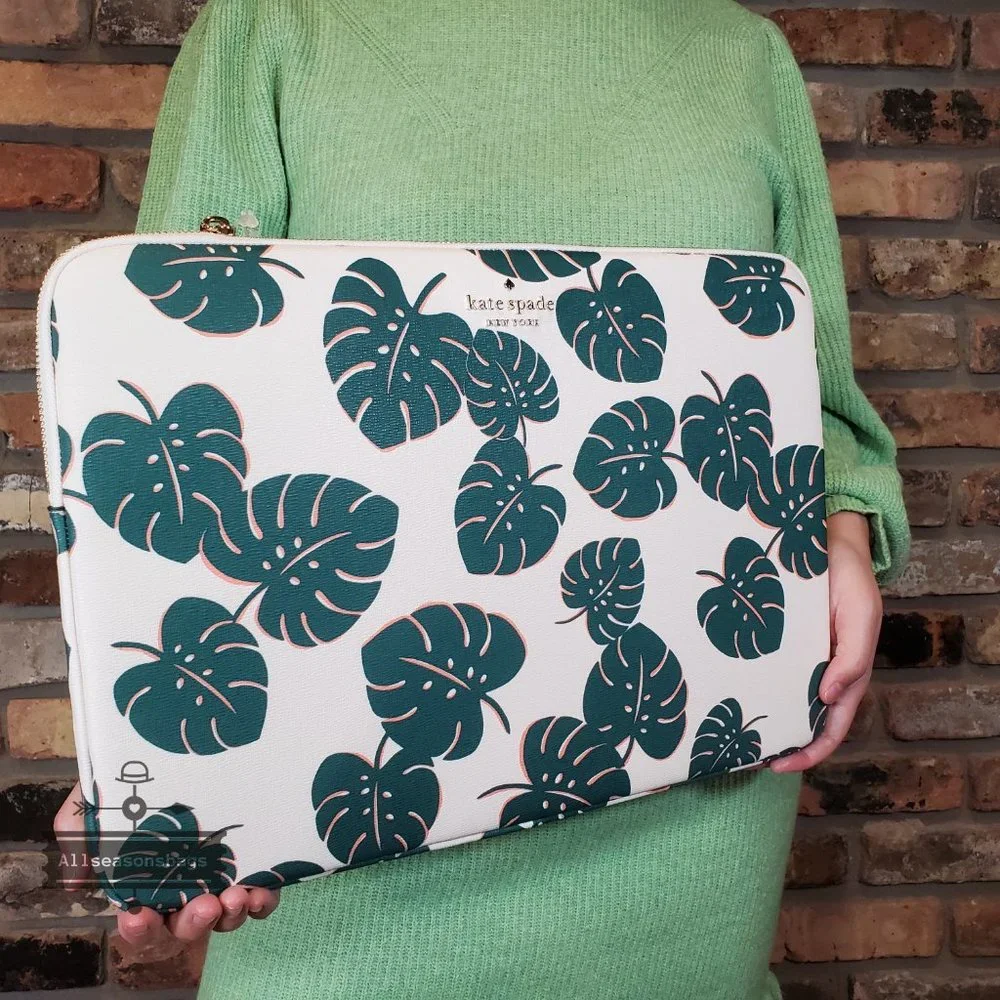 Kate Spade Darcy Monstera Laptop Sleeve NWT Fits Up To 15 Inches Green White NWT